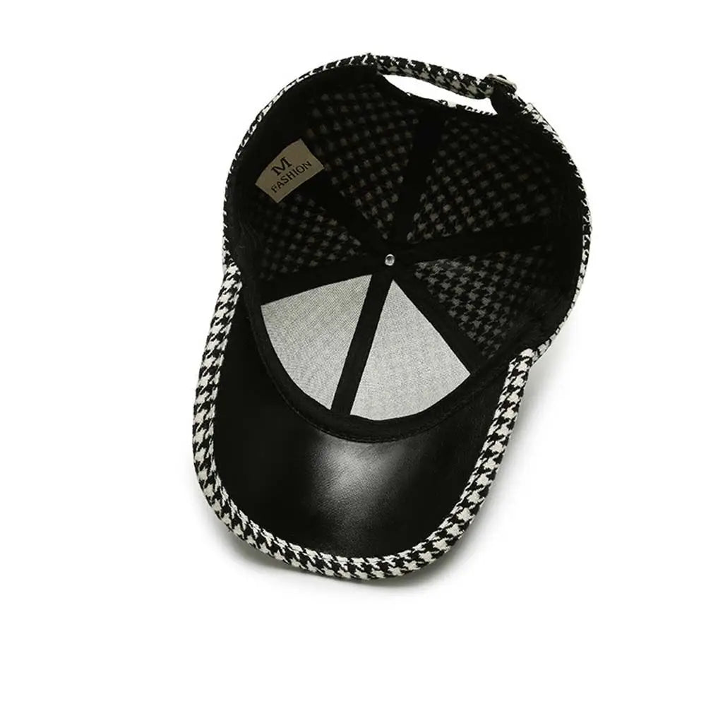 Classic Houndstooth Leather Cap